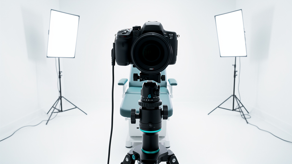 A professional camera mounted on a positioning system facing an empty clinical chair, flanked by two softbox lights in a
