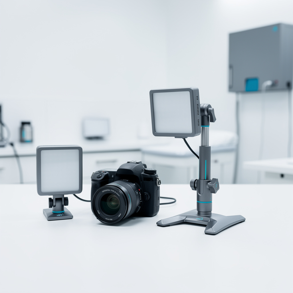 An unbranded clinical documentation kit — camera, compact lighting units and positioning stand — arranged on a seamless 