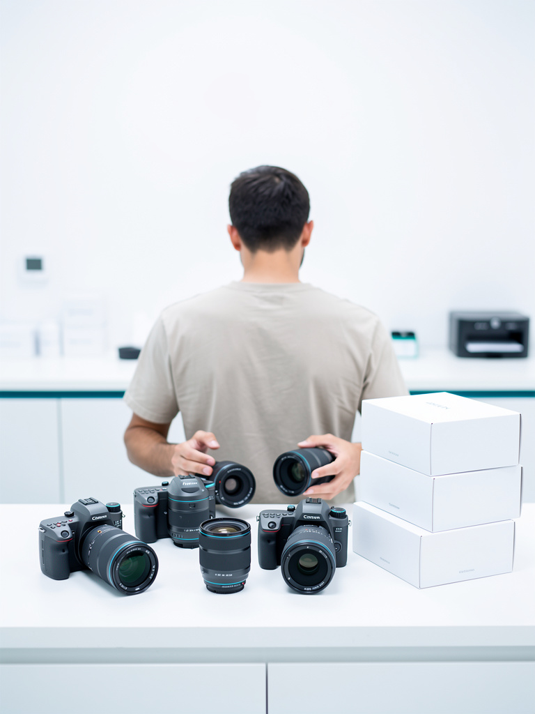 A team member seen from behind at a white workstation, unpacking and inspecting graphite camera equipment beside neatly 